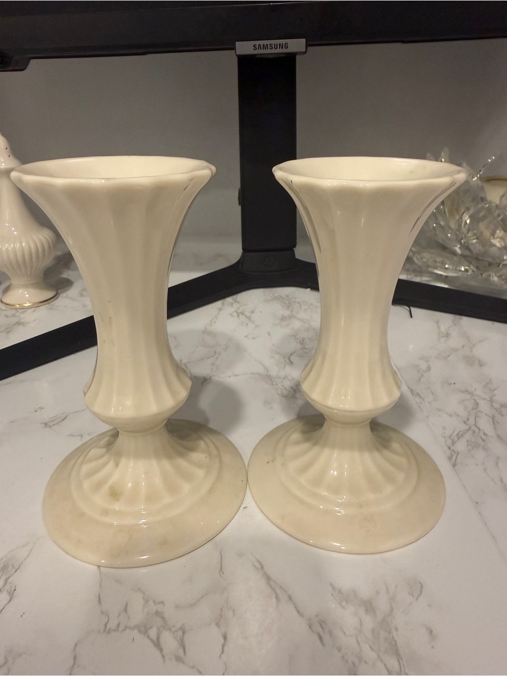 Lenox Cream Fluted Ceramic candle Vases - Pair